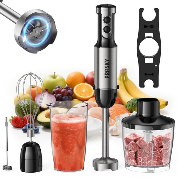 PRASKY Electric Immersion Blender Handheld, 20 Speeds Hand Blender with Turbo Mode, Stainless Steel Blade, Egg Whisk, Beaker & Chopper Bowl, Stick Mixer for Soup, Smoothie, Puree, Baby Food