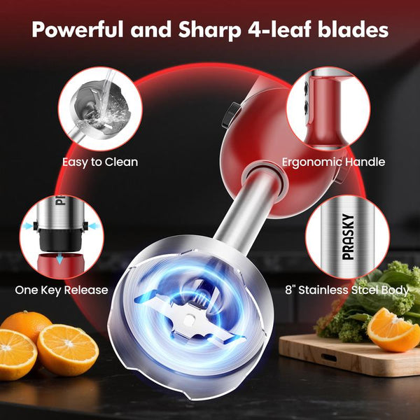 PRASKY Electric Immersion Blender Handheld, 20 Speeds Hand Blender with Turbo Mode, Stainless Steel Blade, Egg Whisk, Beaker & Chopper Bowl, Stick Mixer for Soup, Smoothie, Puree, Baby Food