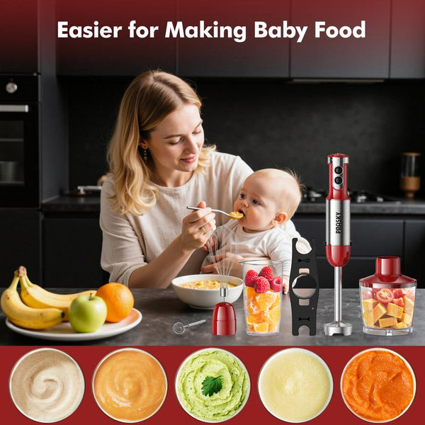 PRASKY Electric Immersion Blender Handheld, 20 Speeds Hand Blender with Turbo Mode, Stainless Steel Blade, Egg Whisk, Beaker & Chopper Bowl, Stick Mixer for Soup, Smoothie, Puree, Baby Food