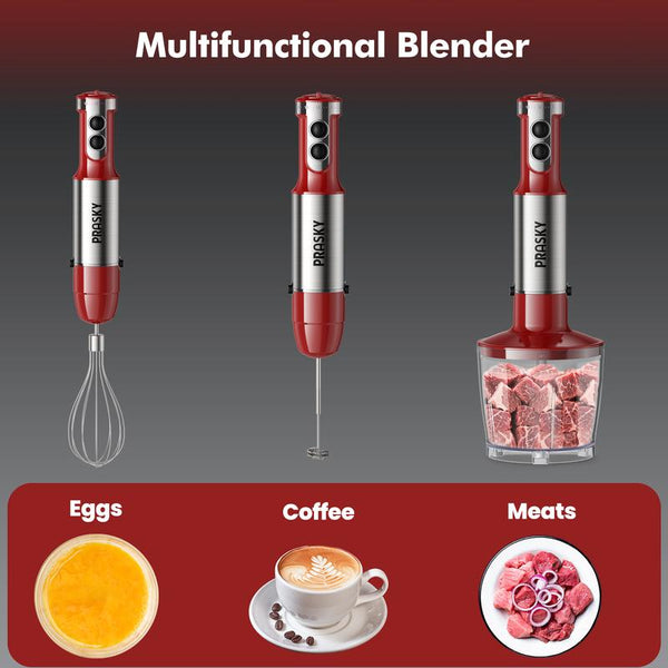PRASKY Electric Immersion Blender Handheld, 20 Speeds Hand Blender with Turbo Mode, Stainless Steel Blade, Egg Whisk, Beaker & Chopper Bowl, Stick Mixer for Soup, Smoothie, Puree, Baby Food
