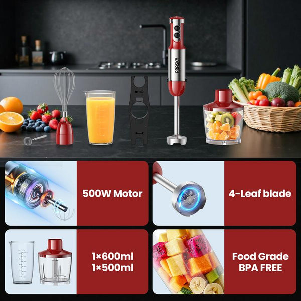 PRASKY Electric Immersion Blender Handheld, 20 Speeds Hand Blender with Turbo Mode, Stainless Steel Blade, Egg Whisk, Beaker & Chopper Bowl, Stick Mixer for Soup, Smoothie, Puree, Baby Food