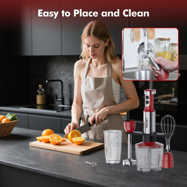 PRASKY Electric Immersion Blender Handheld, 20 Speeds Hand Blender with Turbo Mode, Stainless Steel Blade, Egg Whisk, Beaker & Chopper Bowl, Stick Mixer for Soup, Smoothie, Puree, Baby Food