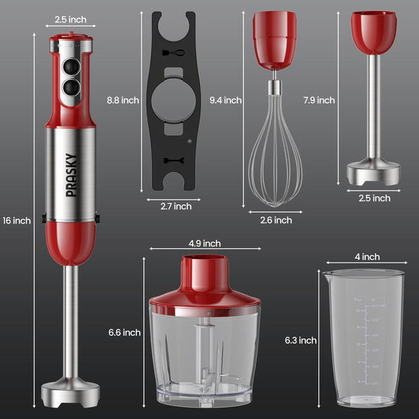 PRASKY Electric Immersion Blender Handheld, 20 Speeds Hand Blender with Turbo Mode, Stainless Steel Blade, Egg Whisk, Beaker & Chopper Bowl, Stick Mixer for Soup, Smoothie, Puree, Baby Food