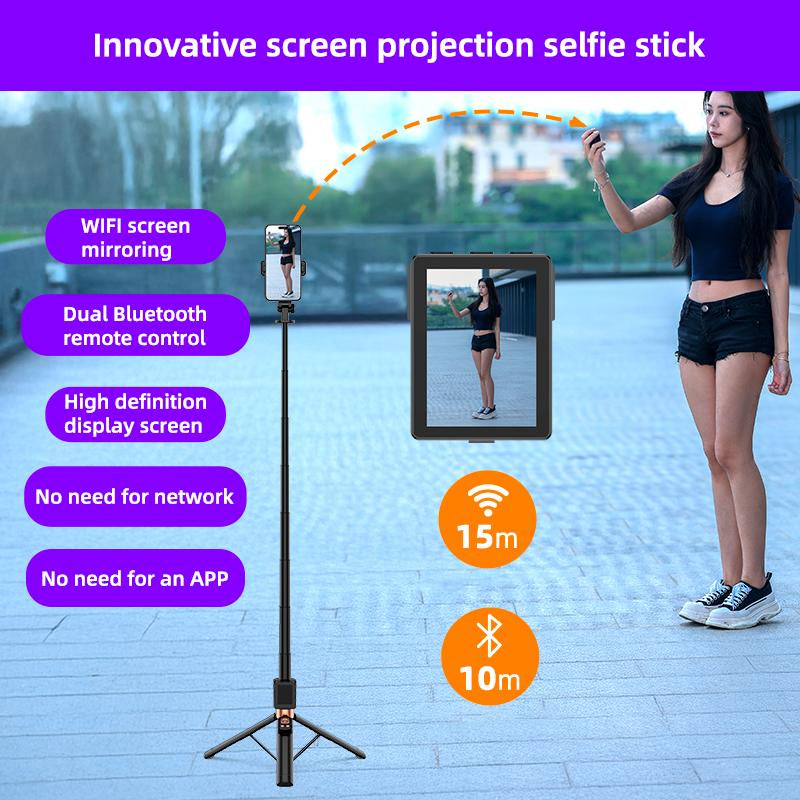 Multi Functional Projection Rear Camera Selfie Stick, Phone Tripod, with Selfie Monitor Screen and 2 LED Fill Lights,With Brush Tiktok Bluetooth Remote Control Scrolling ,For Content Creator Vlog Live Stream Video Recording