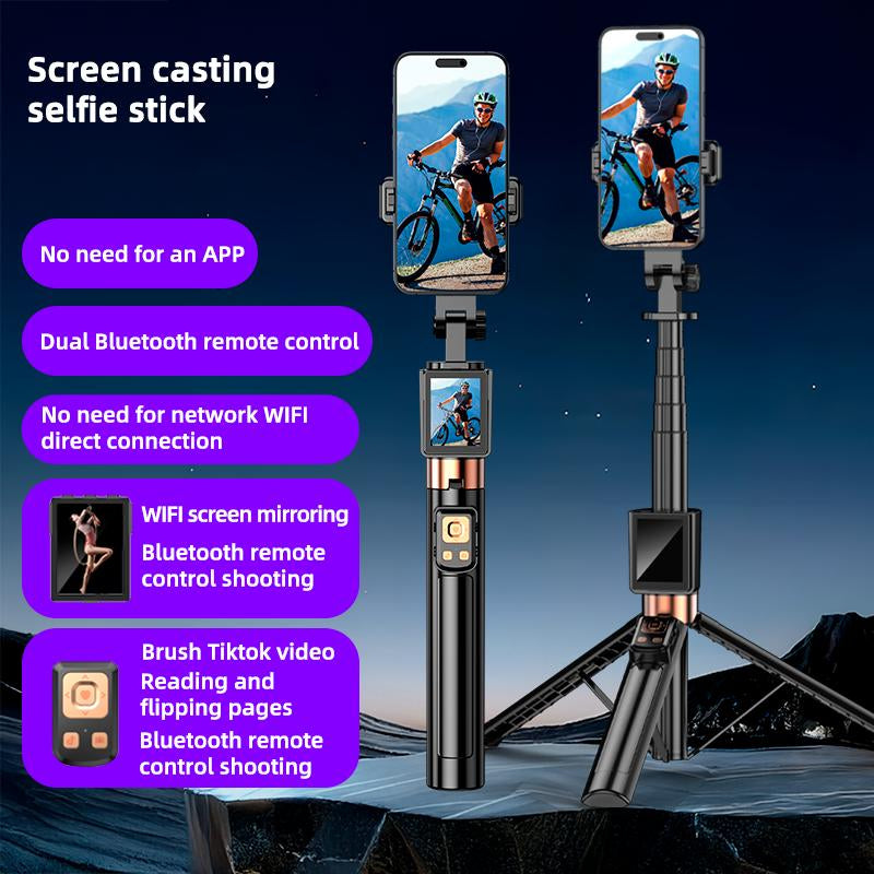 Multi Functional Projection Rear Camera Selfie Stick, Phone Tripod, with Selfie Monitor Screen and 2 LED Fill Lights,With Brush Tiktok Bluetooth Remote Control Scrolling ,For Content Creator Vlog Live Stream Video Recording