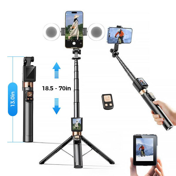 Multi Functional Projection Rear Camera Selfie Stick, Phone Tripod, with Selfie Monitor Screen and 2 LED Fill Lights,With Brush Tiktok Bluetooth Remote Control Scrolling ,For Content Creator Vlog Live Stream Video Recording