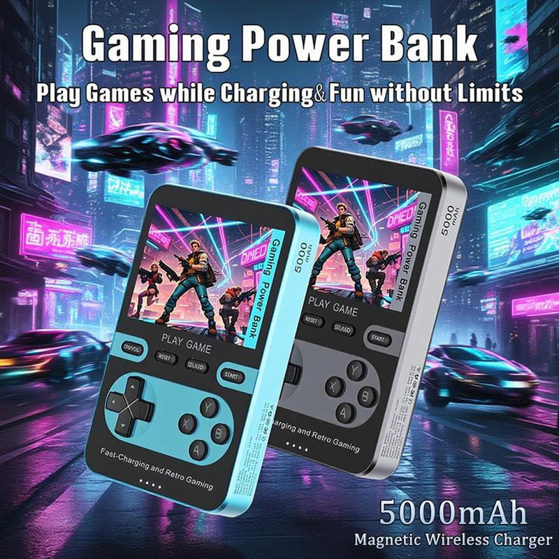 Magnetic Gaming Power Bank, 5000Mah Wireless Fast Charger for Iphone 16/15/14/13/12/Smartphone, Retro Game Console with 500+ Built-In Games Perfect for Kids & Adults - Portable Gaming System