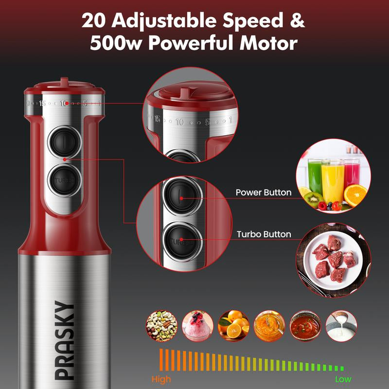 PRASKY Electric Immersion Blender Handheld, 20 Speeds Hand Blender with Turbo Mode, Stainless Steel Blade, Egg Whisk, Beaker & Chopper Bowl, Stick Mixer for Soup, Smoothie, Puree, Baby Food