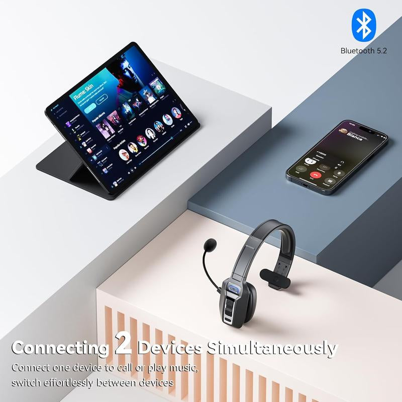Bluetooth V5.2 Headset with AI Noise Cancelling Mic, 65-Hour Battery, Connect 2 Devices, Trucker Headset for Remote Work, Online Meetings and Business Travel Audio Headphone