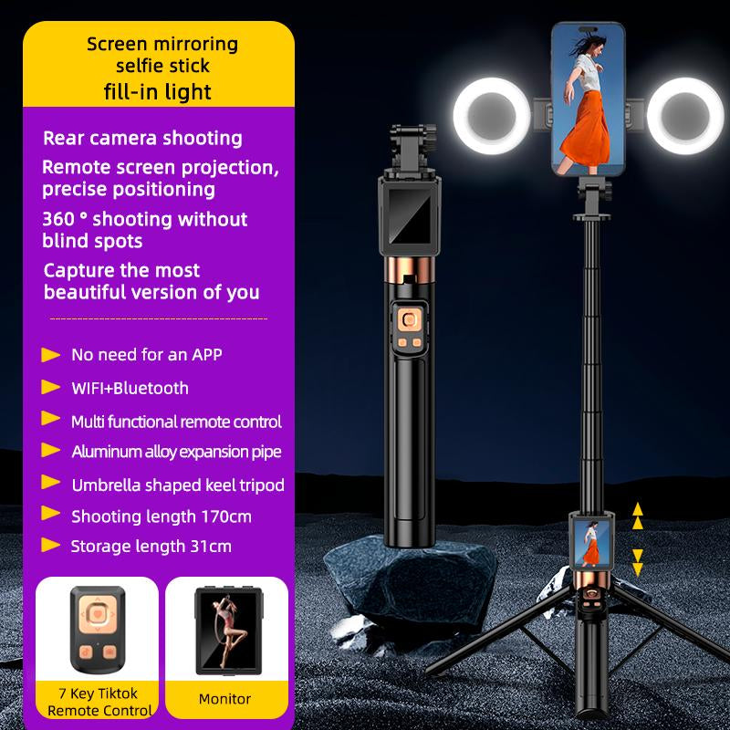 Multi Functional Projection Rear Camera Selfie Stick, Phone Tripod, with Selfie Monitor Screen and 2 LED Fill Lights,With Brush Tiktok Bluetooth Remote Control Scrolling ,For Content Creator Vlog Live Stream Video Recording