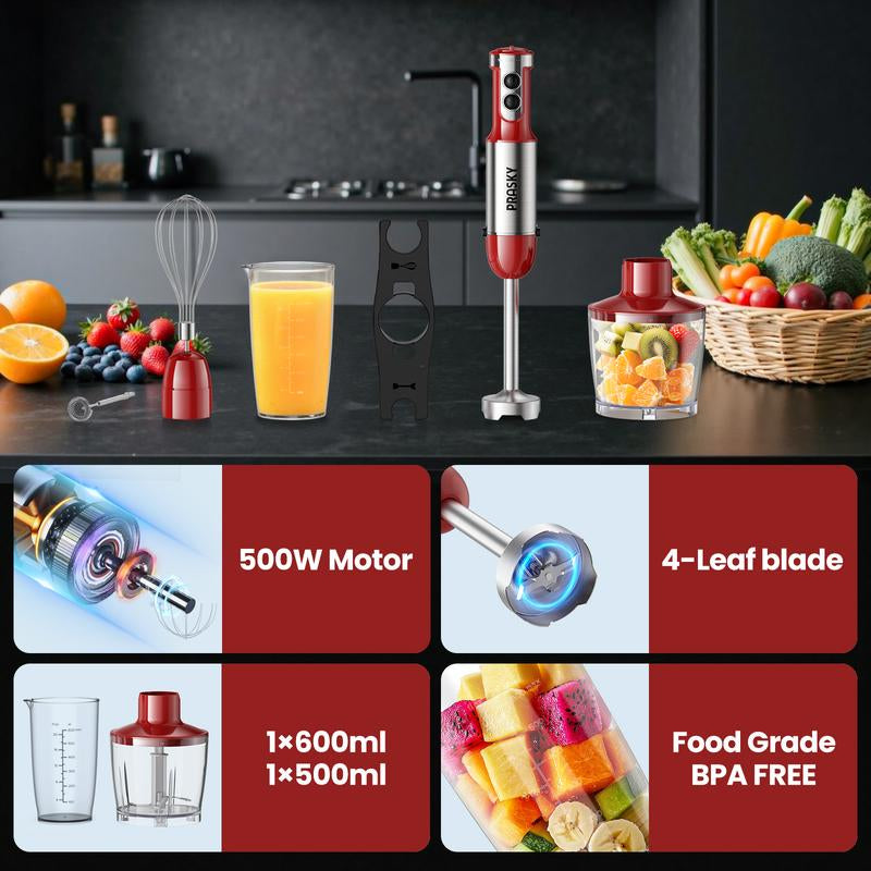 PRASKY Electric Immersion Blender Handheld, 20 Speeds Hand Blender with Turbo Mode, Stainless Steel Blade, Egg Whisk, Beaker & Chopper Bowl, Stick Mixer for Soup, Smoothie, Puree, Baby Food