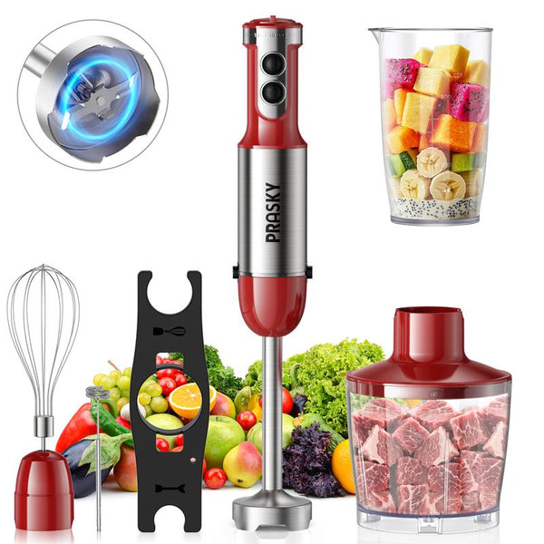 PRASKY Electric Immersion Blender Handheld, 20 Speeds Hand Blender with Turbo Mode, Stainless Steel Blade, Egg Whisk, Beaker & Chopper Bowl, Stick Mixer for Soup, Smoothie, Puree, Baby Food